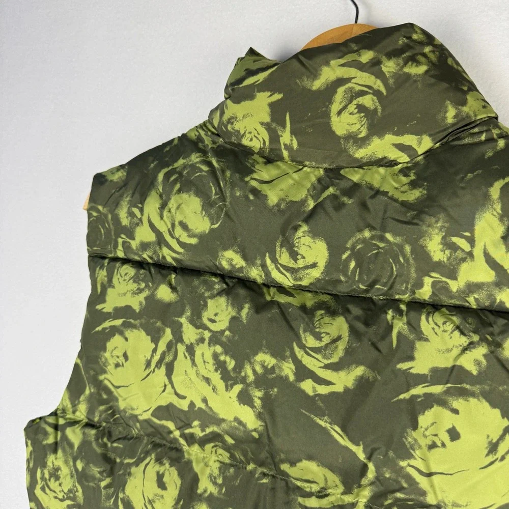 Mode of One Mens Puffer Vest Wild Ivy Green Floral Print Full Zip Small FA24